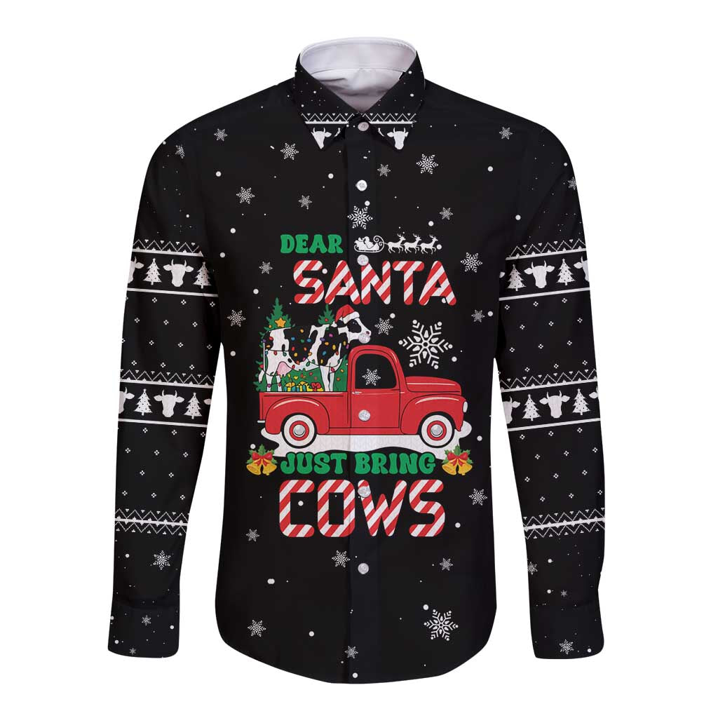 Funny Christmas Cows in Red Truck Long Sleeve Button Shirt Dear Santa Just Bring Cows Quote on Snowflake - Wonder Print Shop