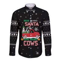 Funny Christmas Cows in Red Truck Long Sleeve Button Shirt Dear Santa Just Bring Cows Quote on Snowflake - Wonder Print Shop