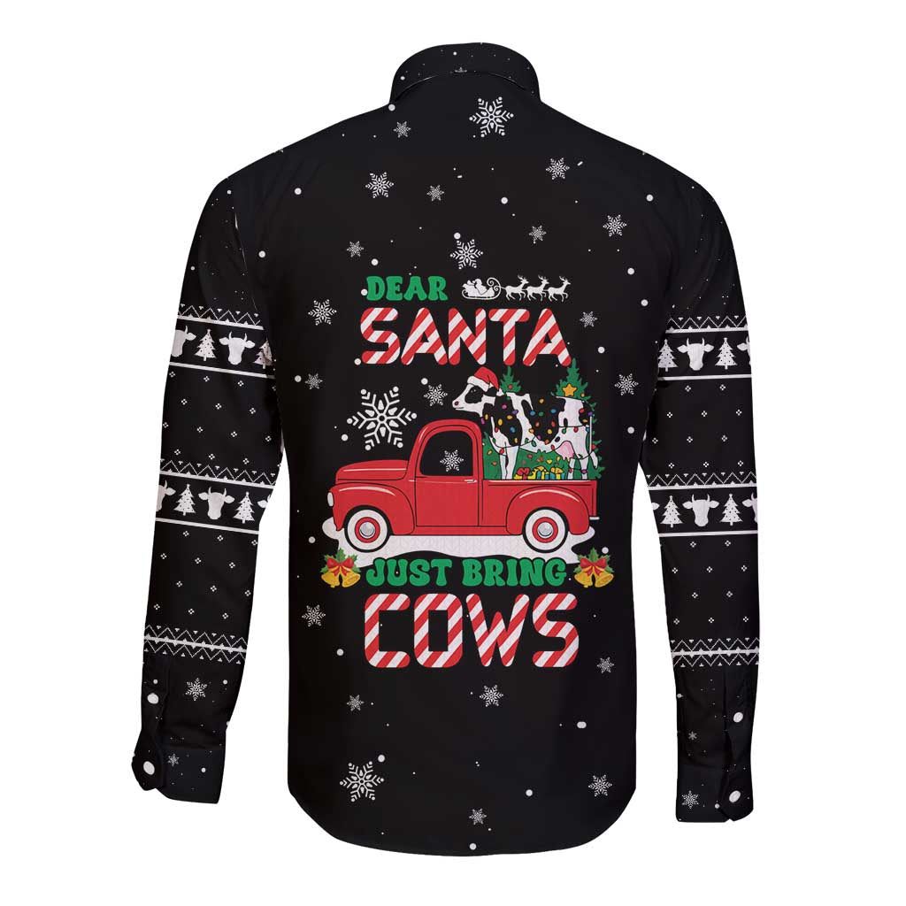 Funny Christmas Cows in Red Truck Long Sleeve Button Shirt Dear Santa Just Bring Cows Quote on Snowflake - Wonder Print Shop