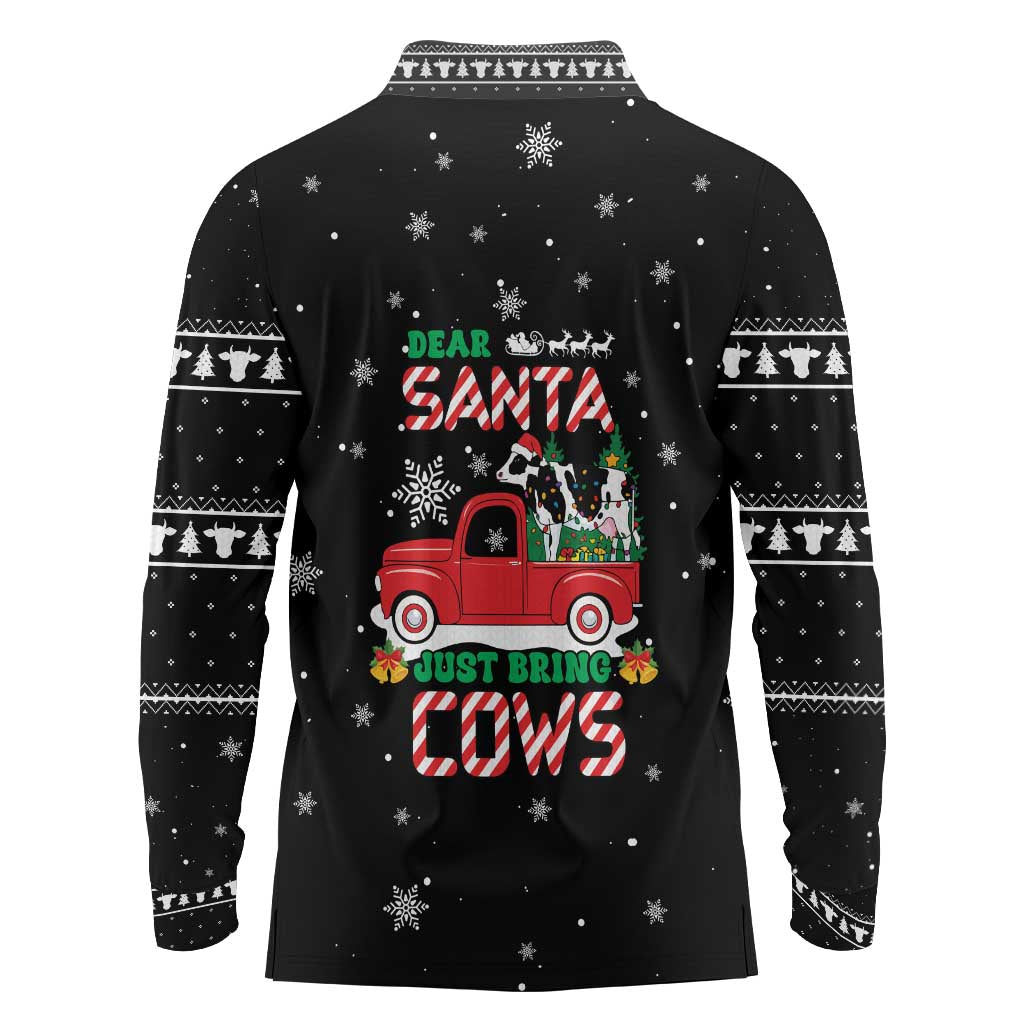 Funny Christmas Cows in Red Truck Long Sleeve Polo Shirt Dear Santa Just Bring Cows Quote on Snowflake - Wonder Print Shop