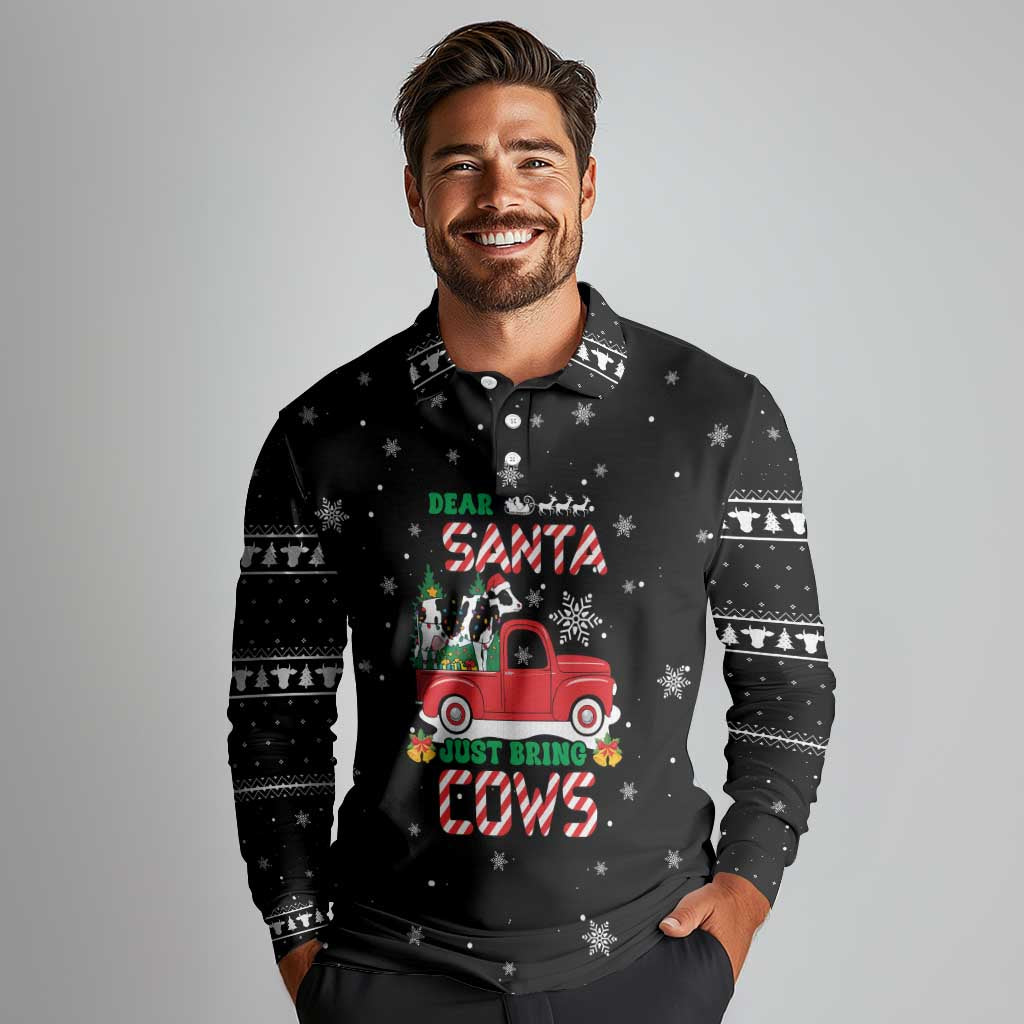 Funny Christmas Cows in Red Truck Long Sleeve Polo Shirt Dear Santa Just Bring Cows Quote on Snowflake - Wonder Print Shop