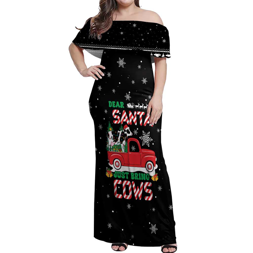 Funny Christmas Cows in Red Truck Off Shoulder Maxi Dress Dear Santa Just Bring Cows Quote on Snowflake - Wonder Print Shop