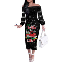 Funny Christmas Cows in Red Truck Off The Shoulder Long Sleeve Dress Dear Santa Just Bring Cows Quote on Snowflake - Wonder Print Shop