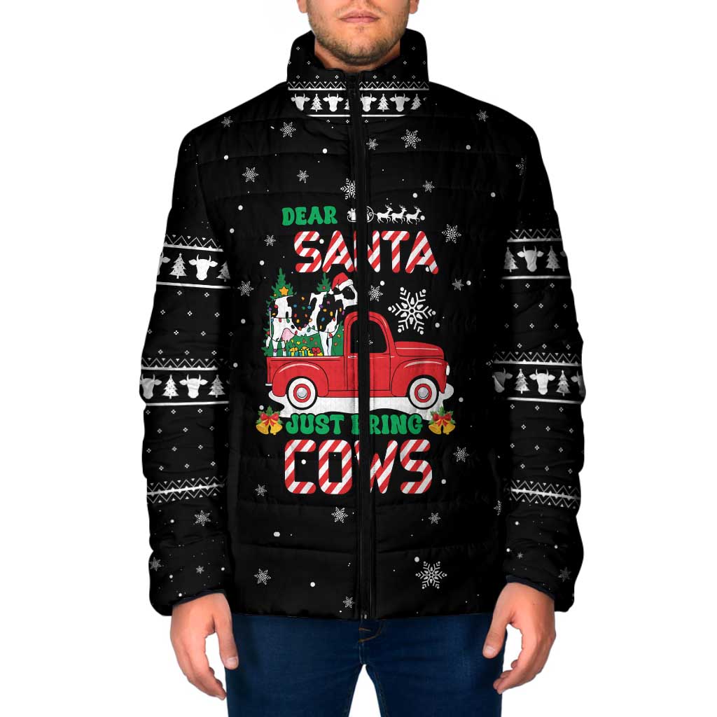 Funny Christmas Cows in Red Truck Padded Jacket Dear Santa Just Bring Cows Quote on Snowflake - Wonder Print Shop