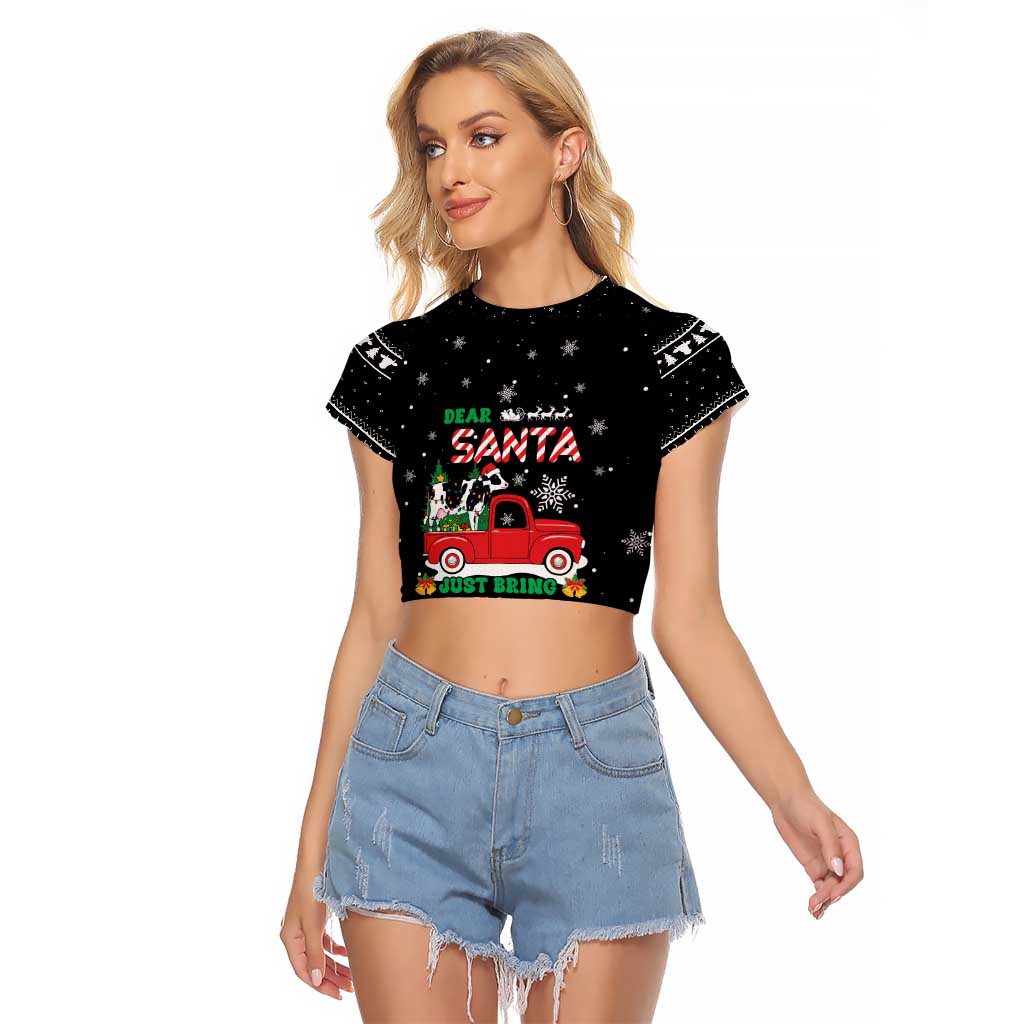 Funny Christmas Cows in Red Truck Raglan Cropped T Shirt Dear Santa Just Bring Cows Quote on Snowflake - Wonder Print Shop