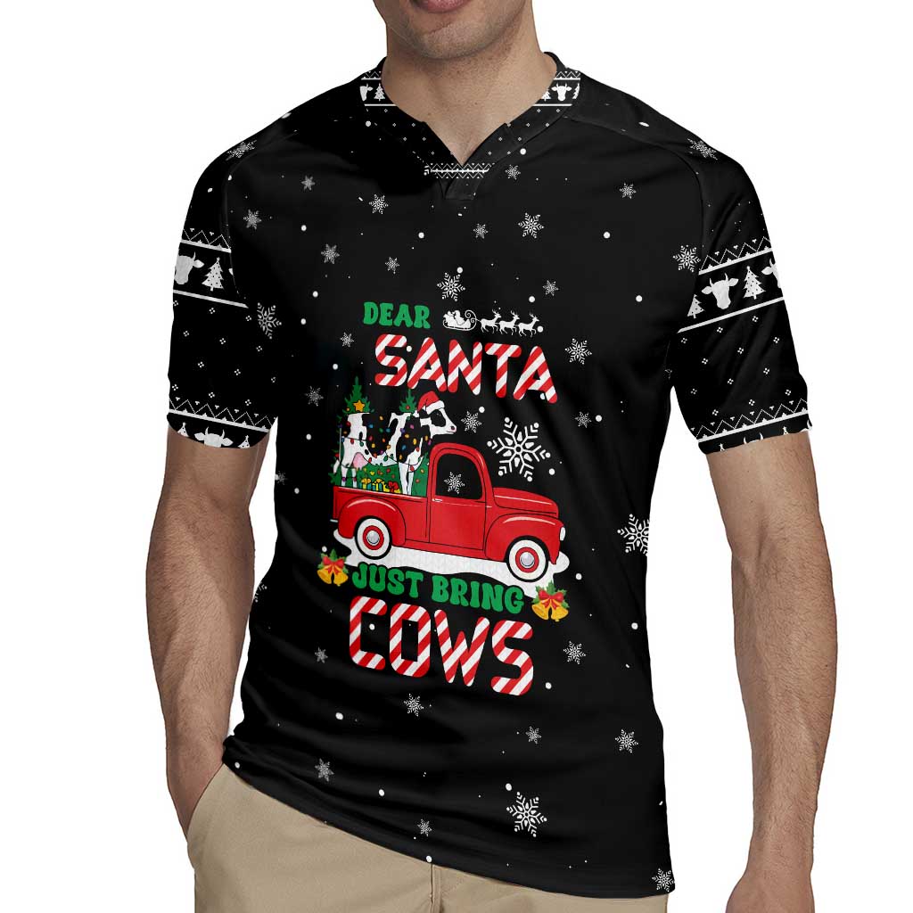Funny Christmas Cows in Red Truck Rugby Jersey Dear Santa Just Bring Cows Quote on Snowflake - Wonder Print Shop