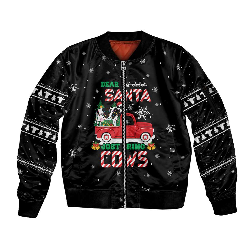 Funny Christmas Cows in Red Truck Sleeve Zip Bomber Jacket Dear Santa Just Bring Cows Quote on Snowflake - Wonder Print Shop