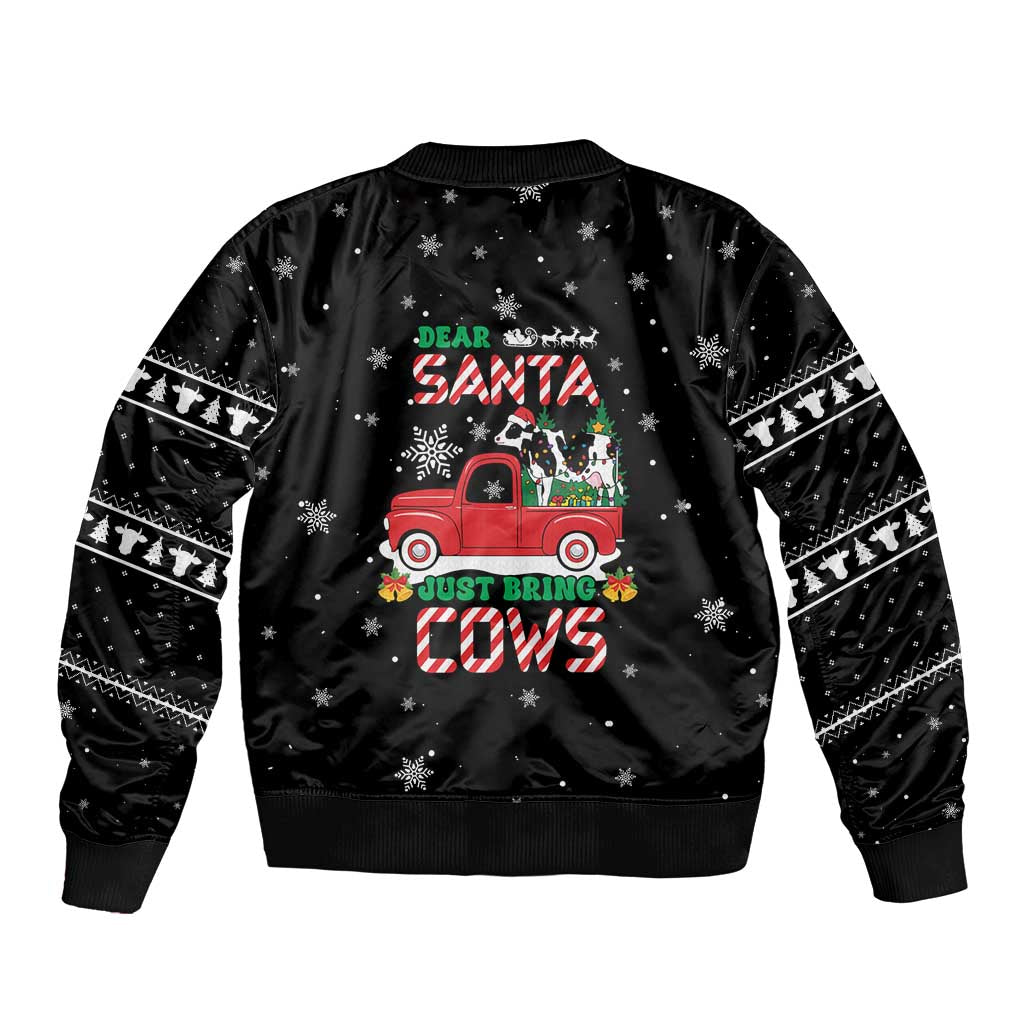 Funny Christmas Cows in Red Truck Sleeve Zip Bomber Jacket Dear Santa Just Bring Cows Quote on Snowflake - Wonder Print Shop