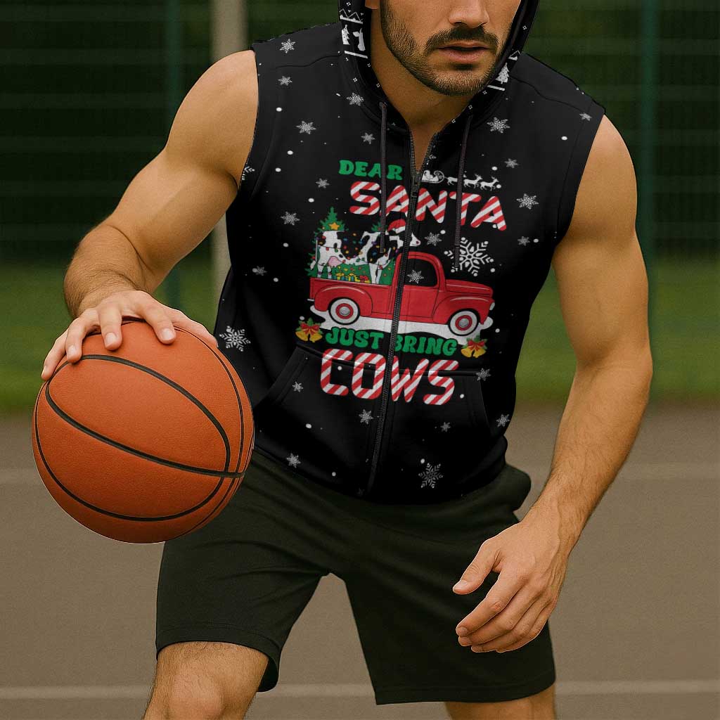 Funny Christmas Cows in Red Truck Sleeveless Zip Hoodie Dear Santa Just Bring Cows Quote on Snowflake - Wonder Print Shop