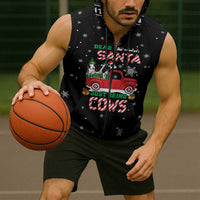 Funny Christmas Cows in Red Truck Sleeveless Zip Hoodie Dear Santa Just Bring Cows Quote on Snowflake - Wonder Print Shop