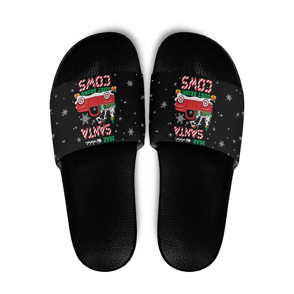 Funny Christmas Cows in Red Truck Slide Sandals Dear Santa Just Bring Cows Quote on Snowflake - Wonder Print Shop
