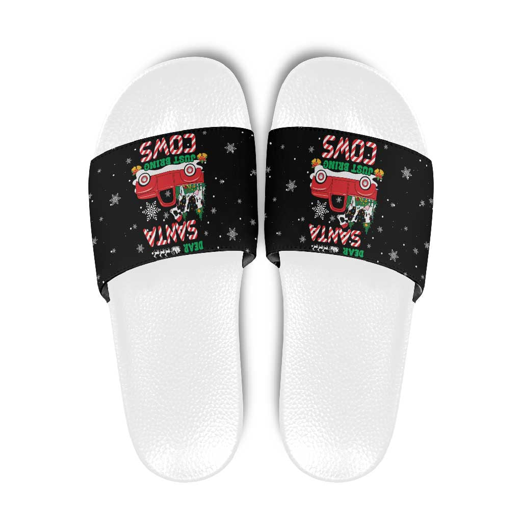 Funny Christmas Cows in Red Truck Slide Sandals Dear Santa Just Bring Cows Quote on Snowflake - Wonder Print Shop