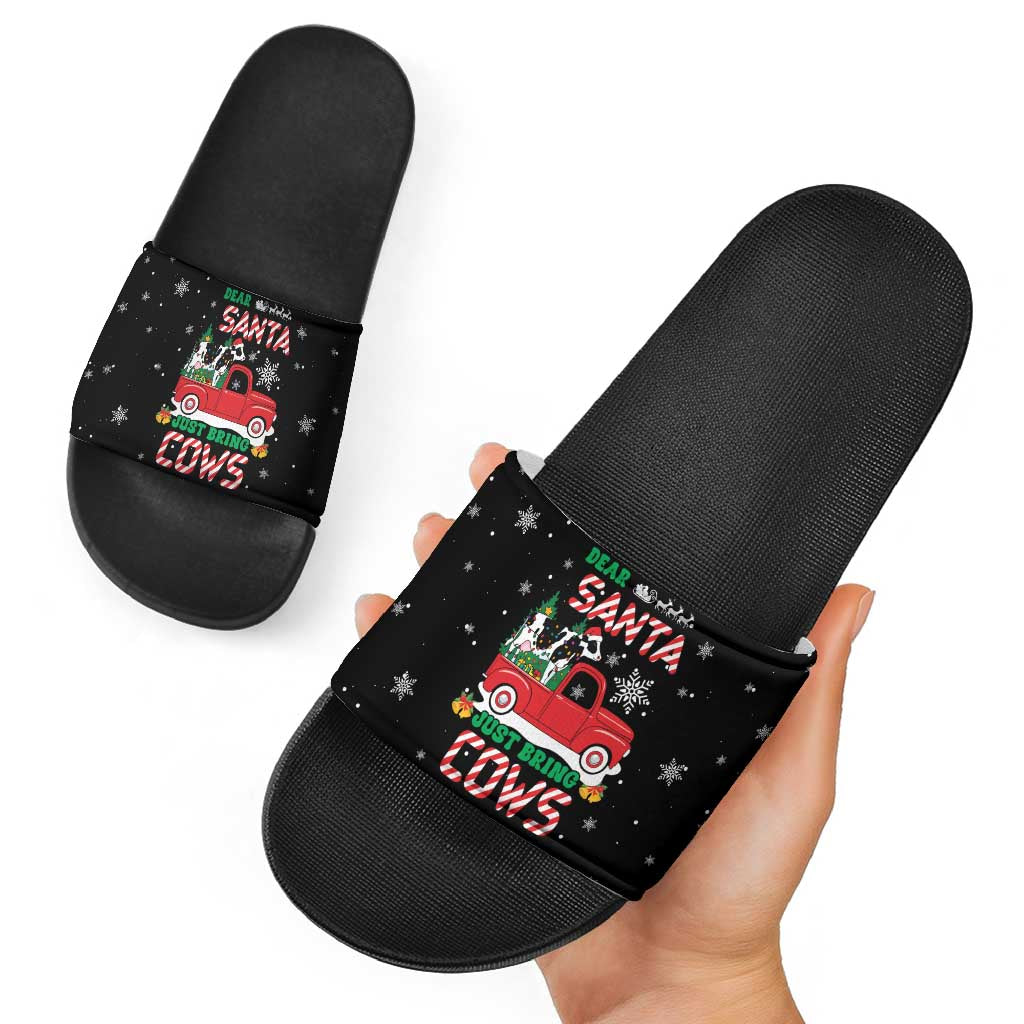 Funny Christmas Cows in Red Truck Slide Sandals Dear Santa Just Bring Cows Quote on Snowflake - Wonder Print Shop