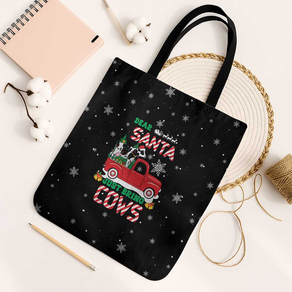 Funny Christmas Cows in Red Truck Tote Bag Dear Santa Just Bring Cows Quote on Snowflake - Wonder Print Shop