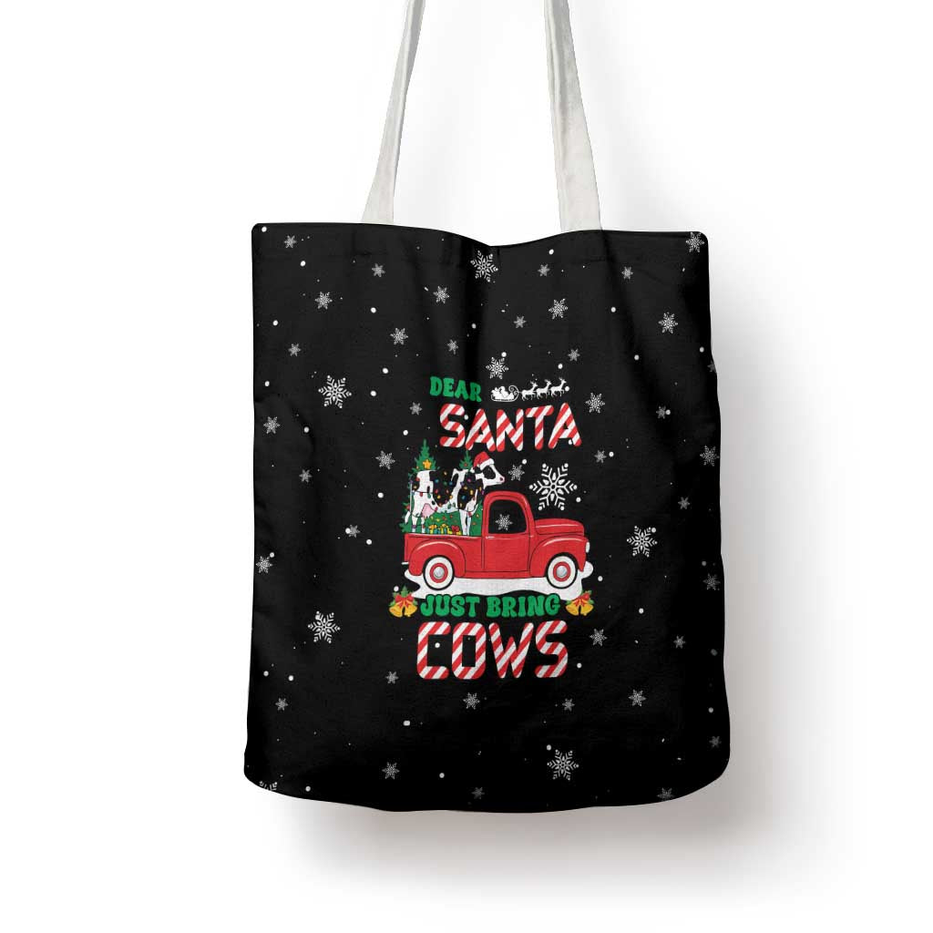 Funny Christmas Cows in Red Truck Tote Bag Dear Santa Just Bring Cows Quote on Snowflake - Wonder Print Shop