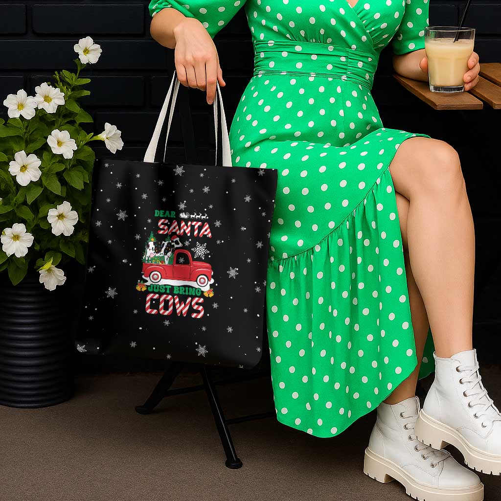 Funny Christmas Cows in Red Truck Tote Bag Dear Santa Just Bring Cows Quote on Snowflake - Wonder Print Shop