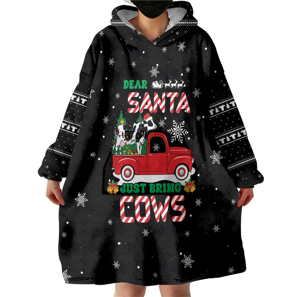 Funny Christmas Cows in Red Truck Wearable Blanket Hoodie Dear Santa Just Bring Cows Quote on Snowflake - Wonder Print Shop