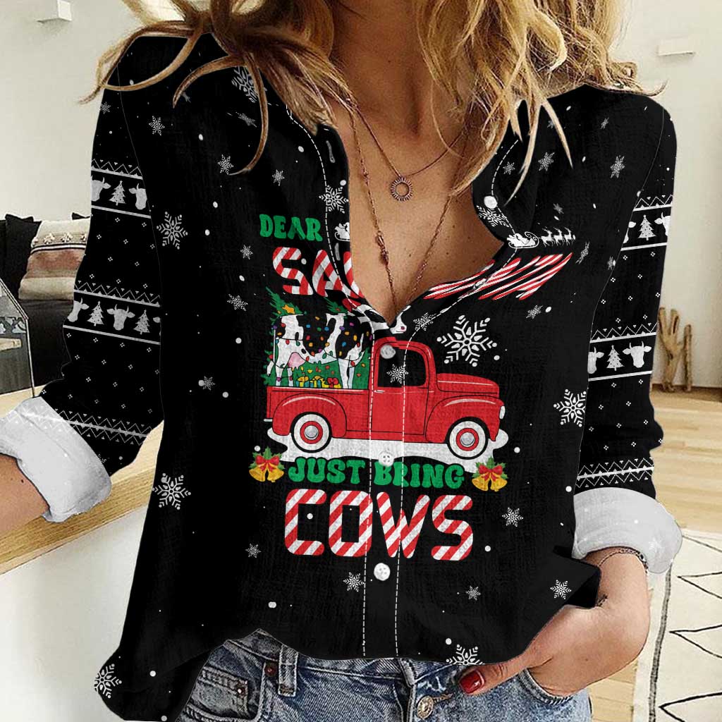 Funny Christmas Cows in Red Truck Women Casual Shirt Dear Santa Just Bring Cows Quote on Snowflake - Wonder Print Shop