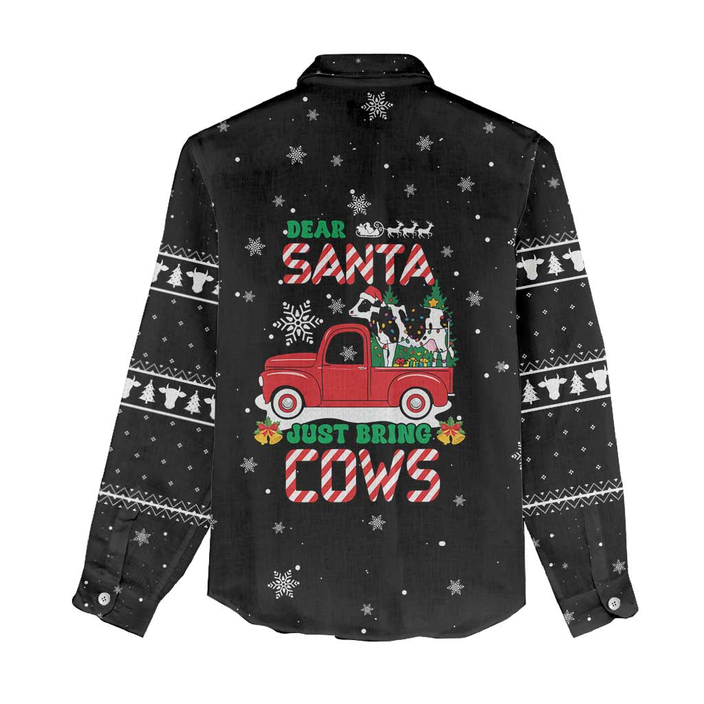 Funny Christmas Cows in Red Truck Women Casual Shirt Dear Santa Just Bring Cows Quote on Snowflake - Wonder Print Shop
