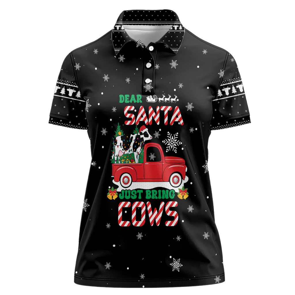 Funny Christmas Cows in Red Truck Women Polo Shirt Dear Santa Just Bring Cows Quote on Snowflake - Wonder Print Shop