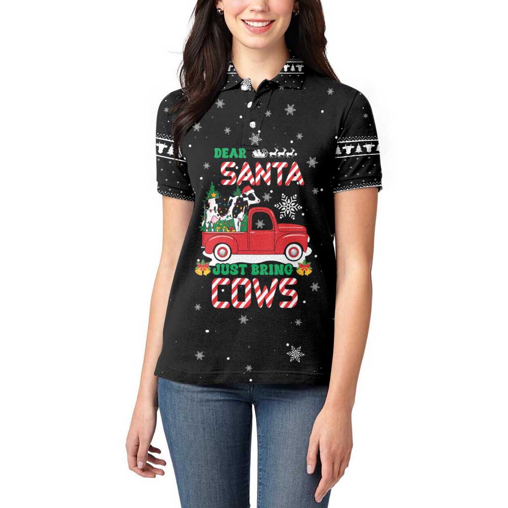 Funny Christmas Cows in Red Truck Women Polo Shirt Dear Santa Just Bring Cows Quote on Snowflake - Wonder Print Shop
