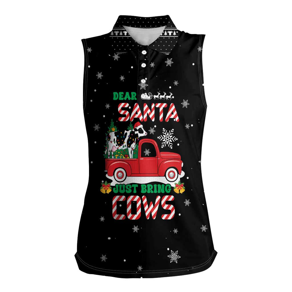 Funny Christmas Cows in Red Truck Women Sleeveless Polo Shirt Dear Santa Just Bring Cows Quote on Snowflake - Wonder Print Shop