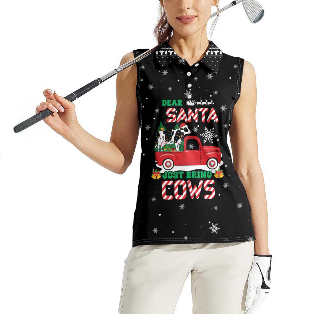 Funny Christmas Cows in Red Truck Women Sleeveless Polo Shirt Dear Santa Just Bring Cows Quote on Snowflake - Wonder Print Shop