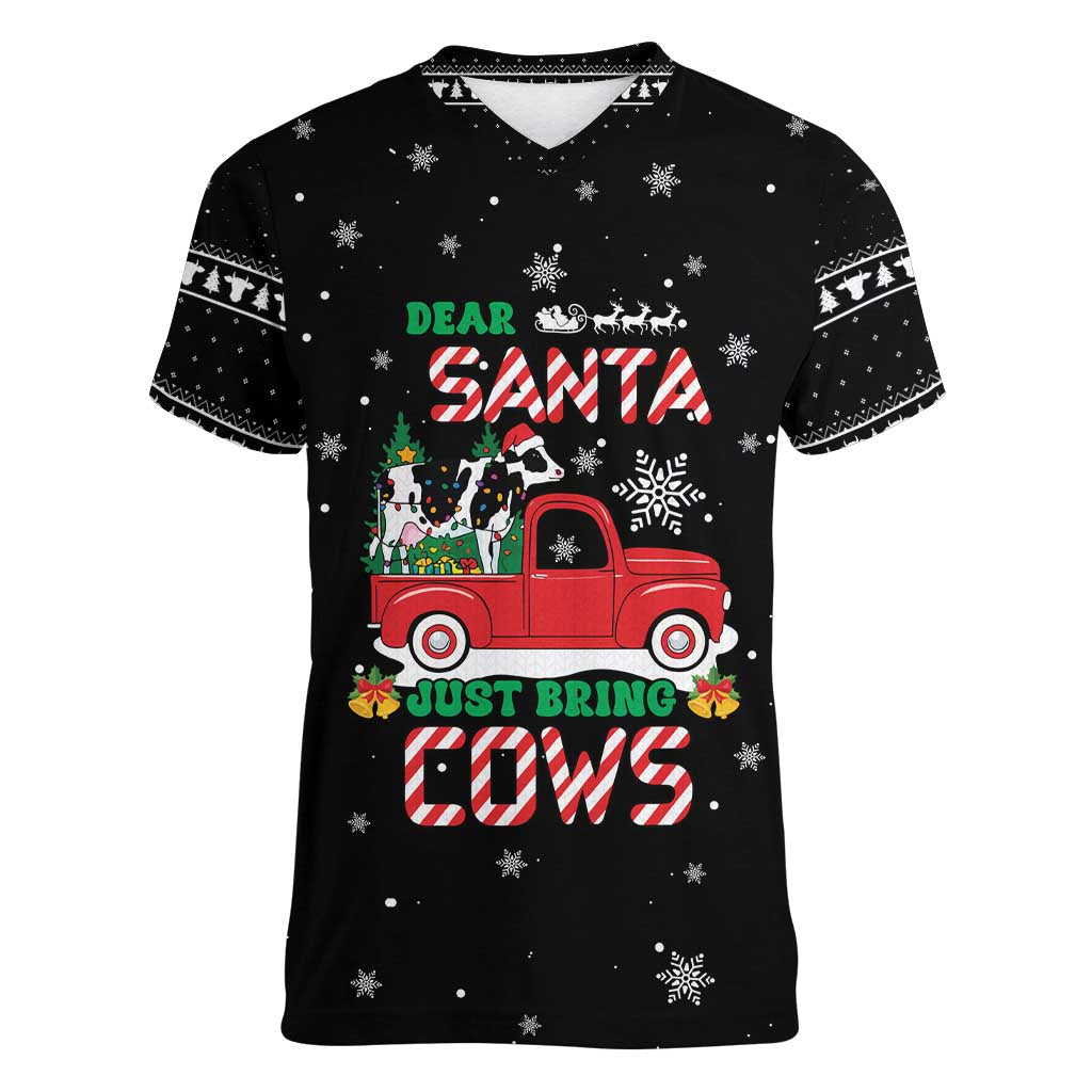 Funny Christmas Cows in Red Truck Women V-Neck T-Shirt Dear Santa Just Bring Cows Quote on Snowflake - Wonder Print Shop