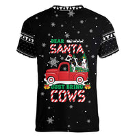 Funny Christmas Cows in Red Truck Women V-Neck T-Shirt Dear Santa Just Bring Cows Quote on Snowflake - Wonder Print Shop