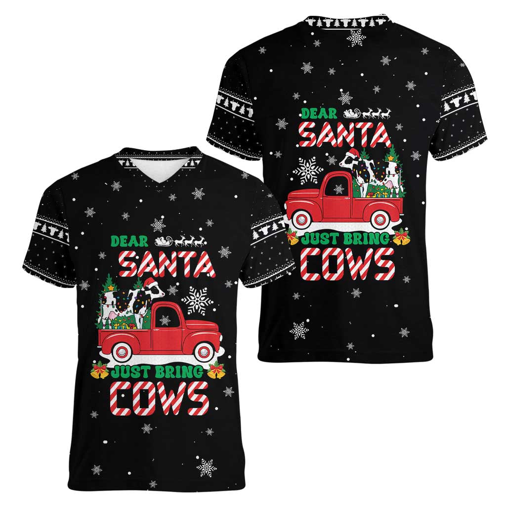Funny Christmas Cows in Red Truck Women V-Neck T-Shirt Dear Santa Just Bring Cows Quote on Snowflake - Wonder Print Shop