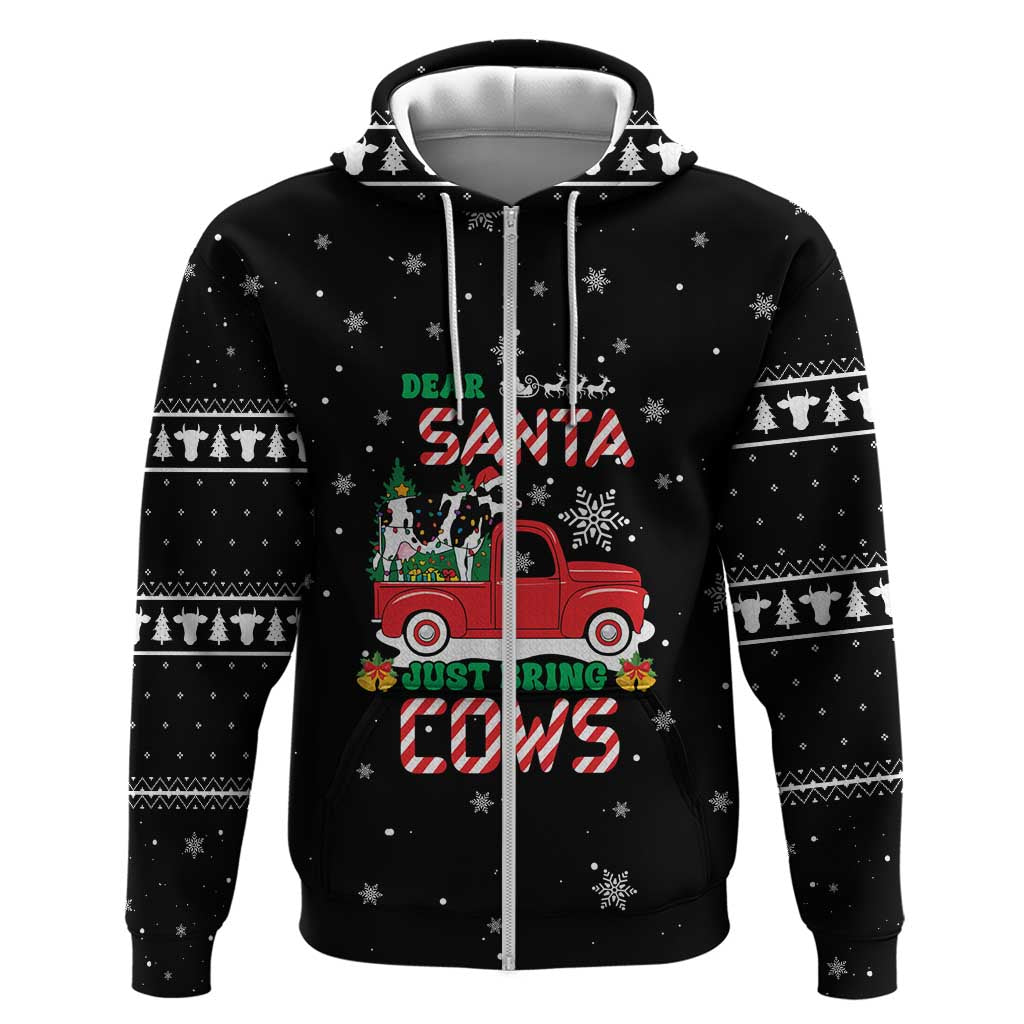 Funny Christmas Cows in Red Truck Zip Hoodie Dear Santa Just Bring Cows Quote on Snowflake - Wonder Print Shop