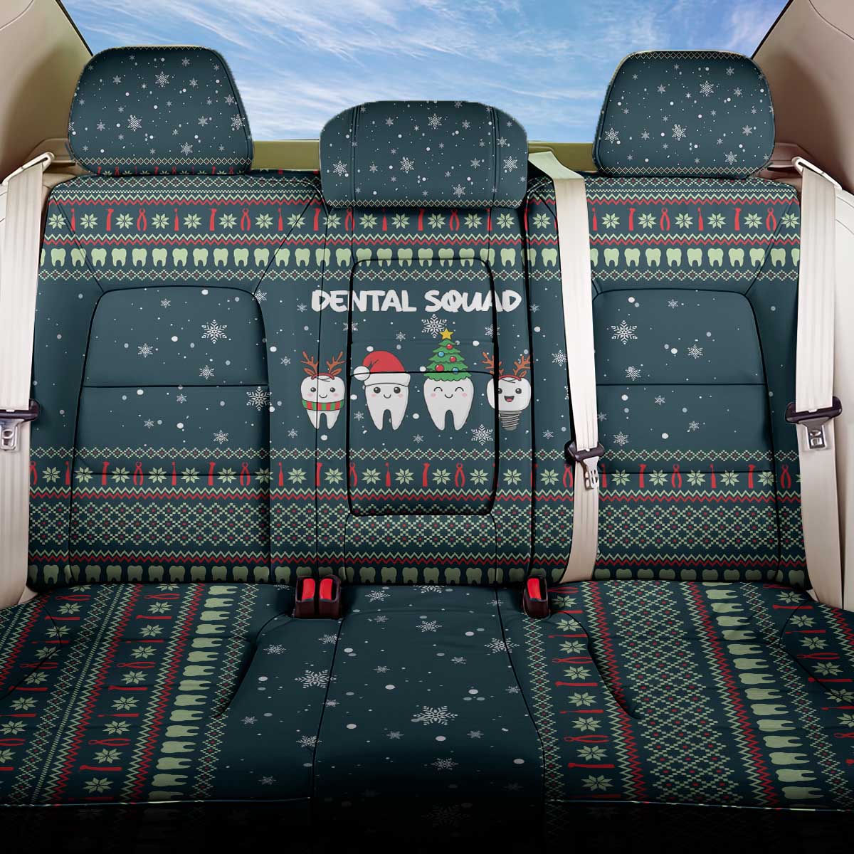 Funny Christmas Dental Squad Tooth Characters Back Car Seat Cover Snowflake Pattern Design - Wonder Print Shop