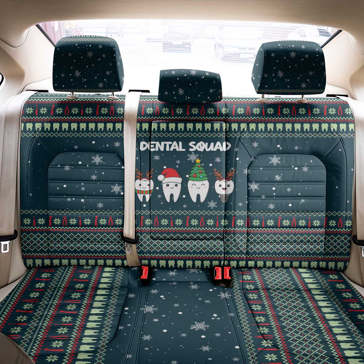 Funny Christmas Dental Squad Tooth Characters Back Car Seat Cover Snowflake Pattern Design - Wonder Print Shop