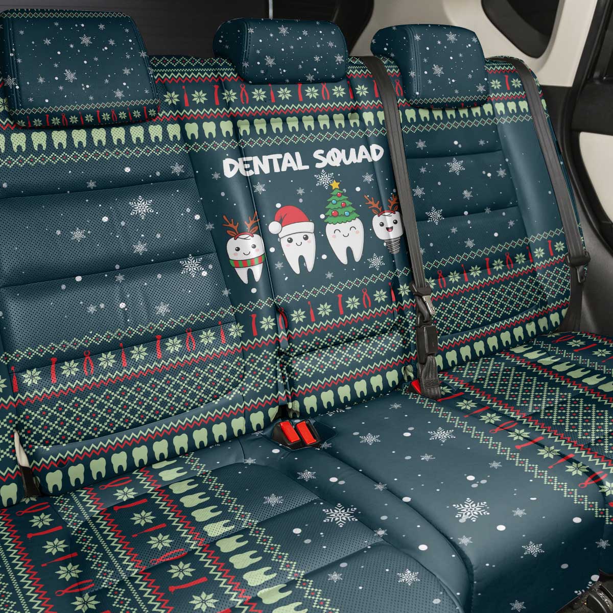 Funny Christmas Dental Squad Tooth Characters Back Car Seat Cover Snowflake Pattern Design - Wonder Print Shop