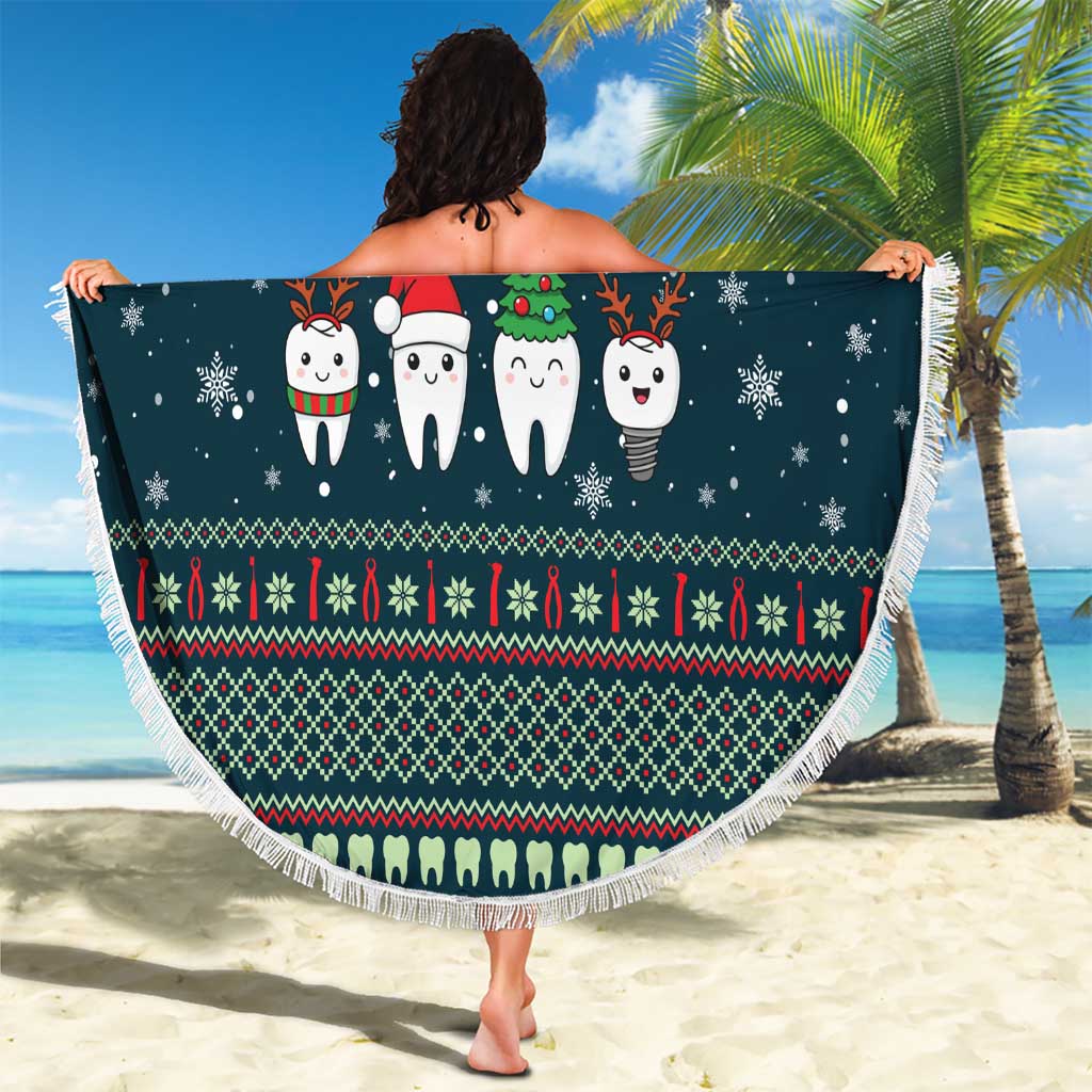 Funny Christmas Dental Squad Tooth Characters Beach Blanket Snowflake Pattern Design - Wonder Print Shop