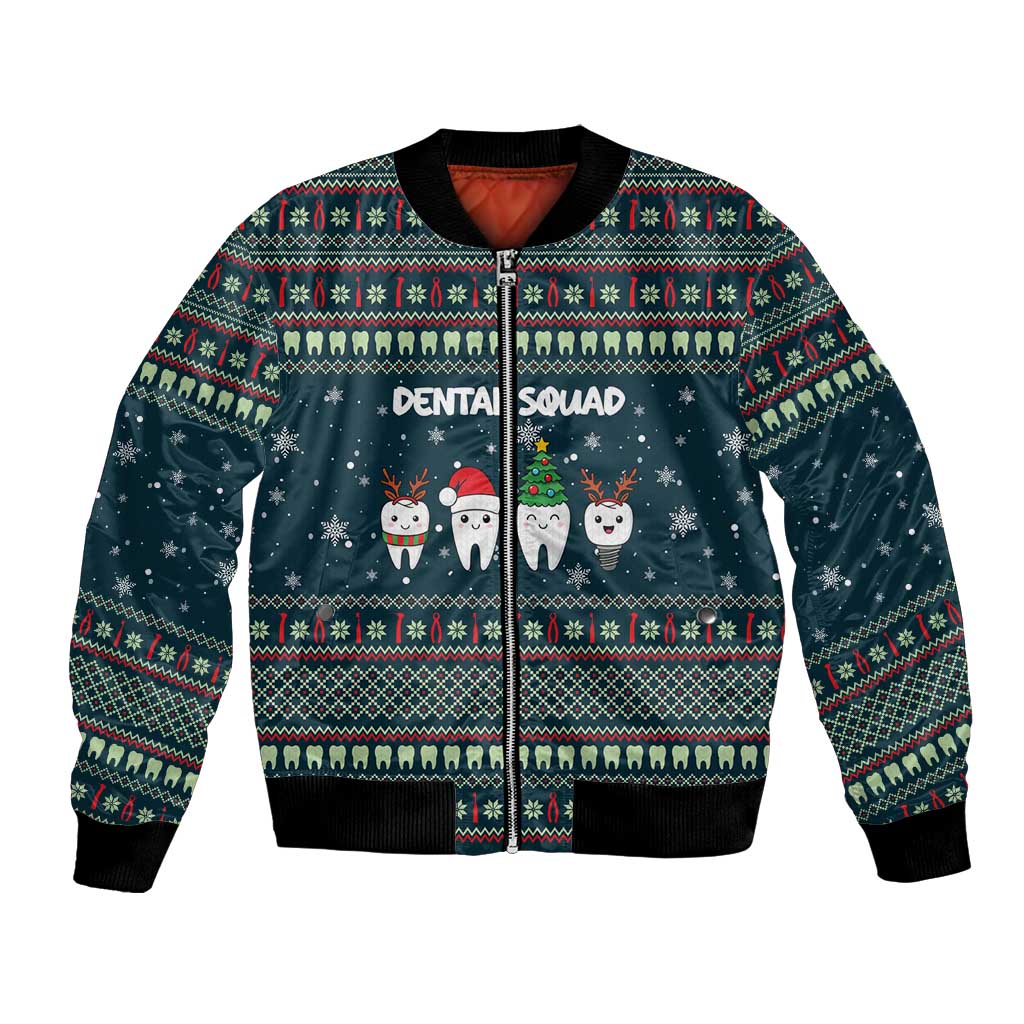 Funny Christmas Dental Squad Tooth Characters Bomber Jacket Snowflake Pattern Design - Wonder Print Shop