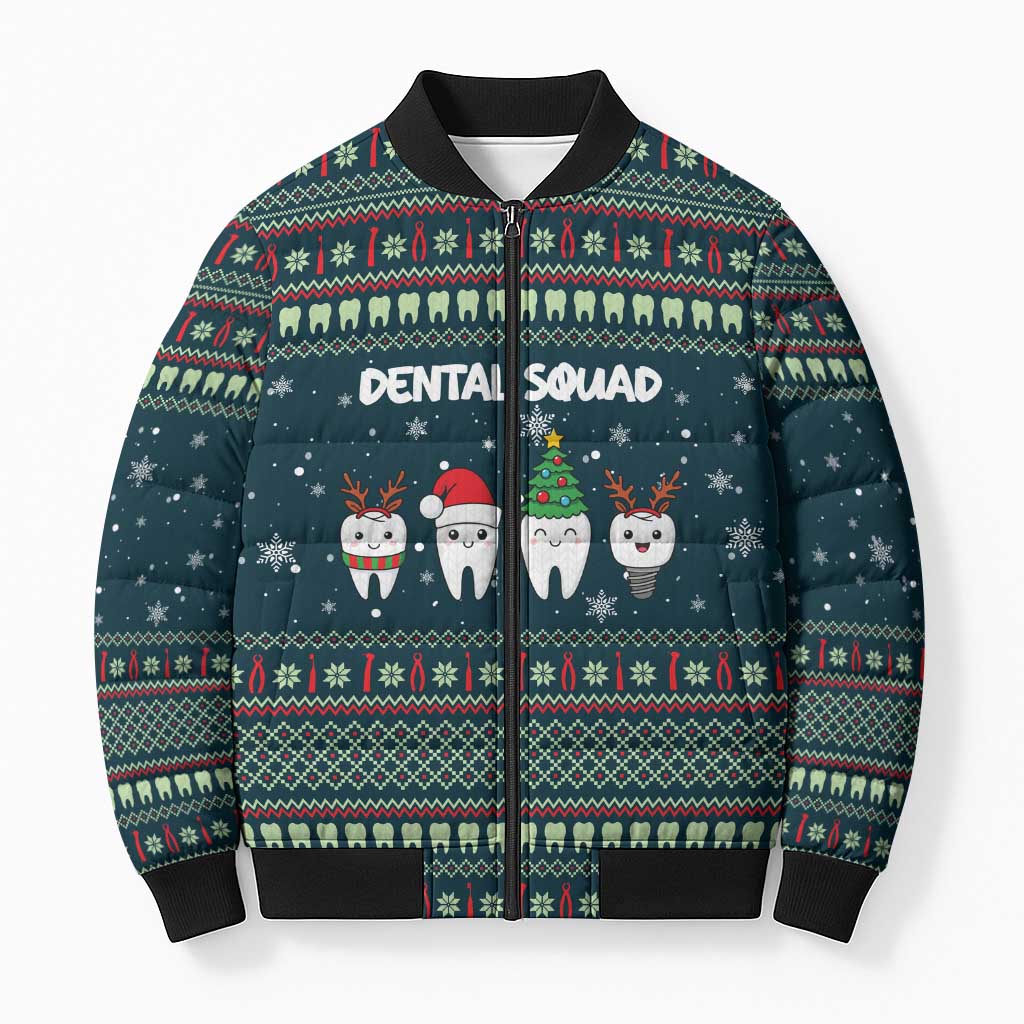Funny Christmas Dental Squad Tooth Characters Bomber Puffer Jacket Snowflake Pattern Design - Wonder Print Shop