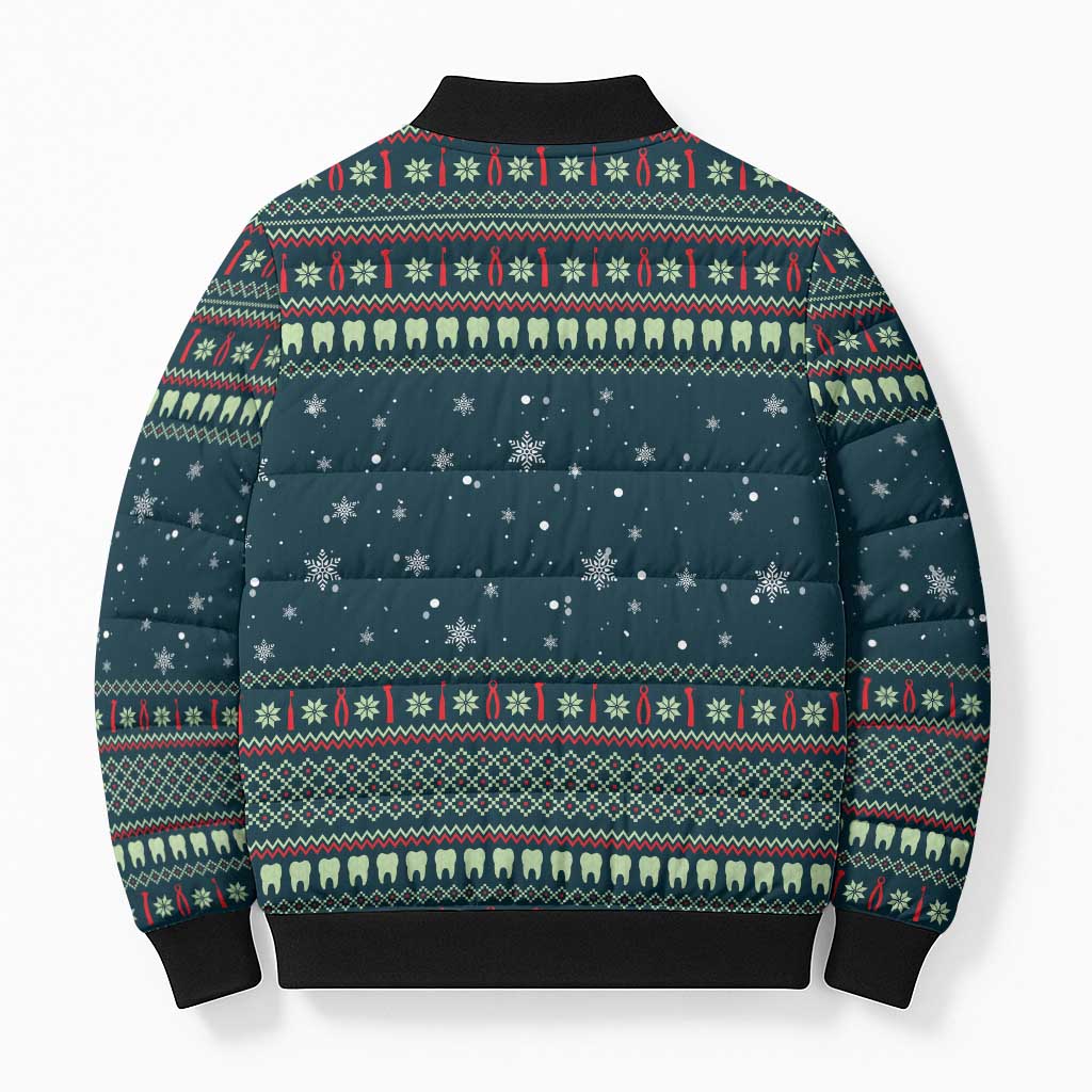 Funny Christmas Dental Squad Tooth Characters Bomber Puffer Jacket Snowflake Pattern Design - Wonder Print Shop