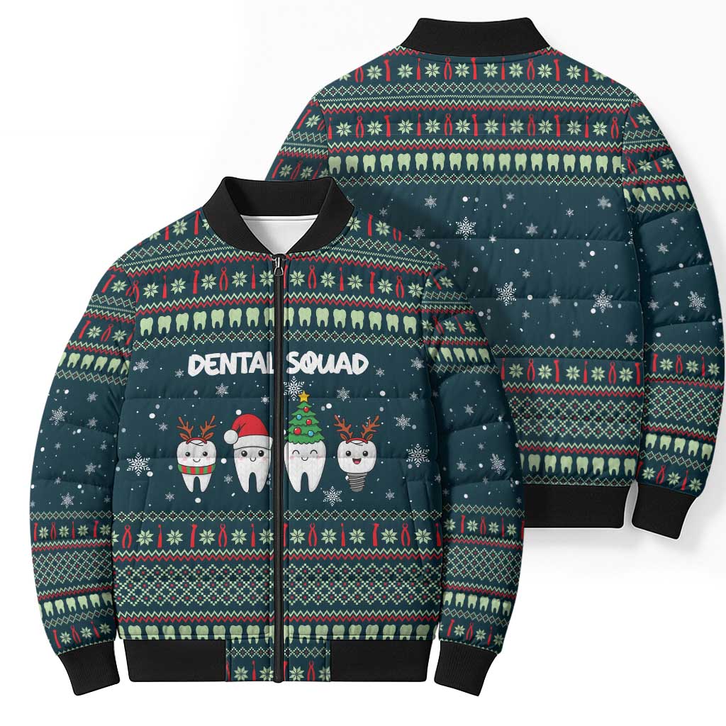 Funny Christmas Dental Squad Tooth Characters Bomber Puffer Jacket Snowflake Pattern Design - Wonder Print Shop