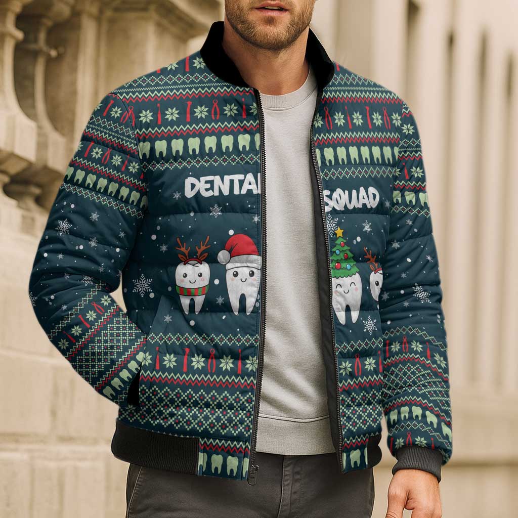 Funny Christmas Dental Squad Tooth Characters Bomber Puffer Jacket Snowflake Pattern Design - Wonder Print Shop