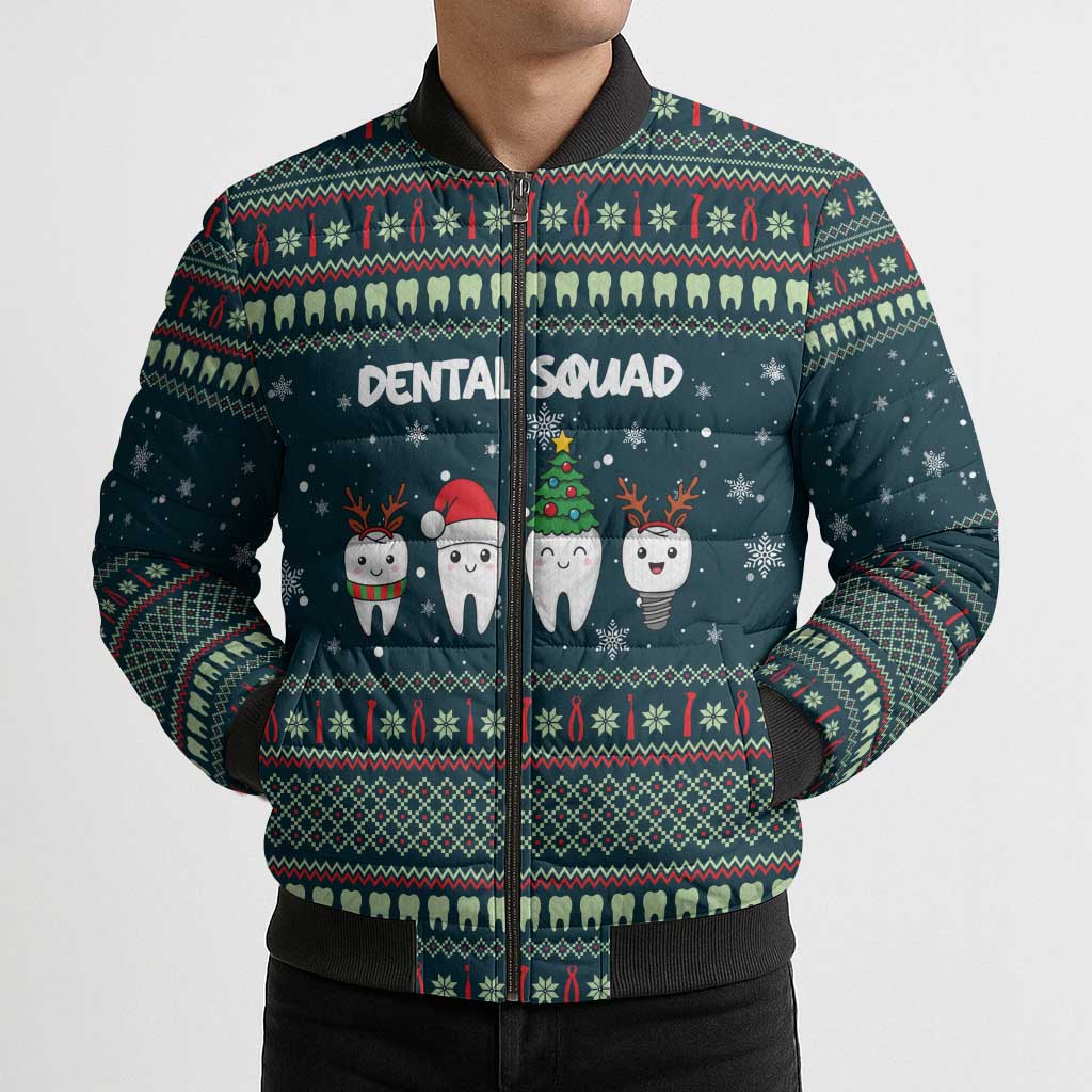 Funny Christmas Dental Squad Tooth Characters Bomber Puffer Jacket Snowflake Pattern Design - Wonder Print Shop