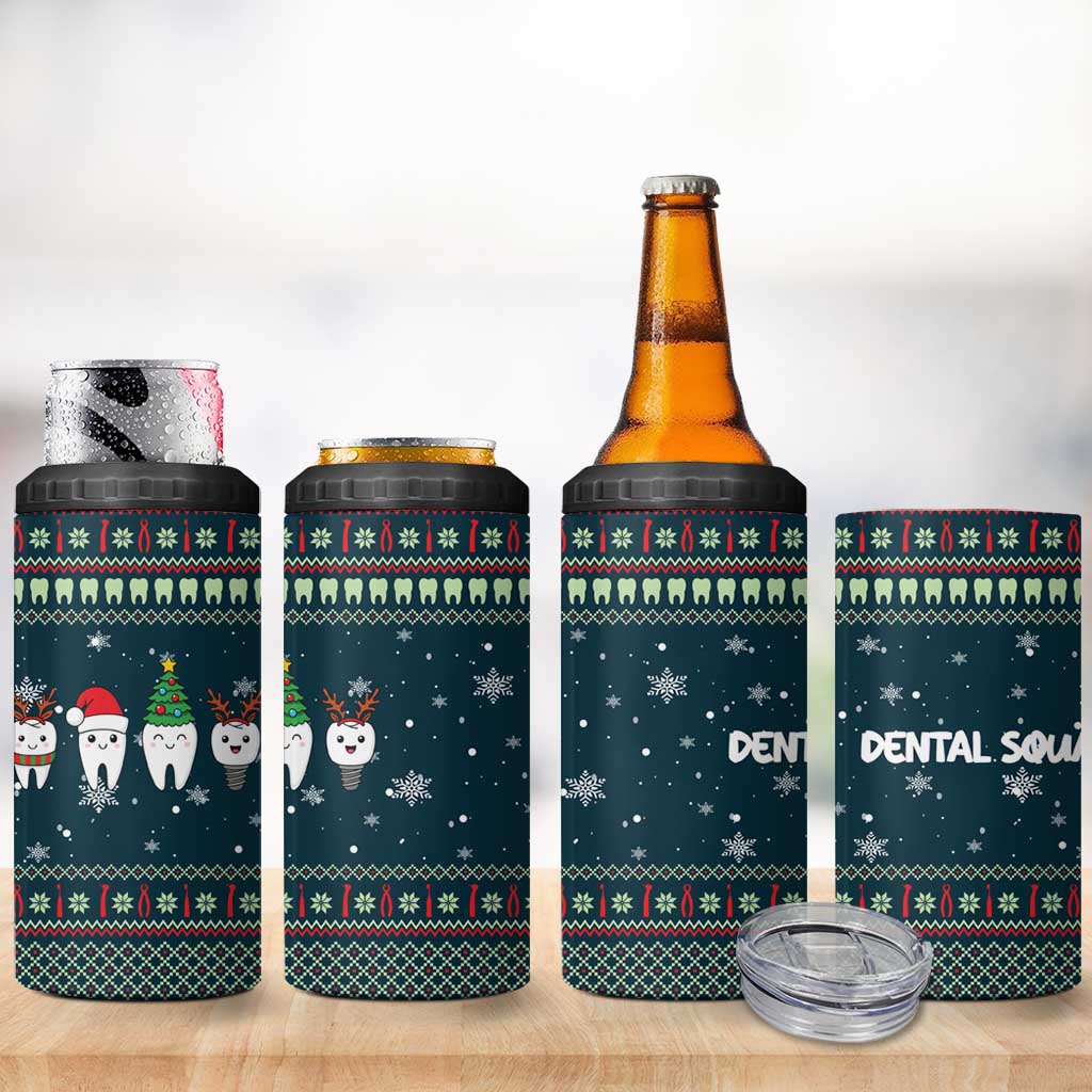 Funny Christmas Dental Squad Tooth Characters 4 in 1 Can Cooler Tumbler Snowflake Pattern Design - Wonder Print Shop