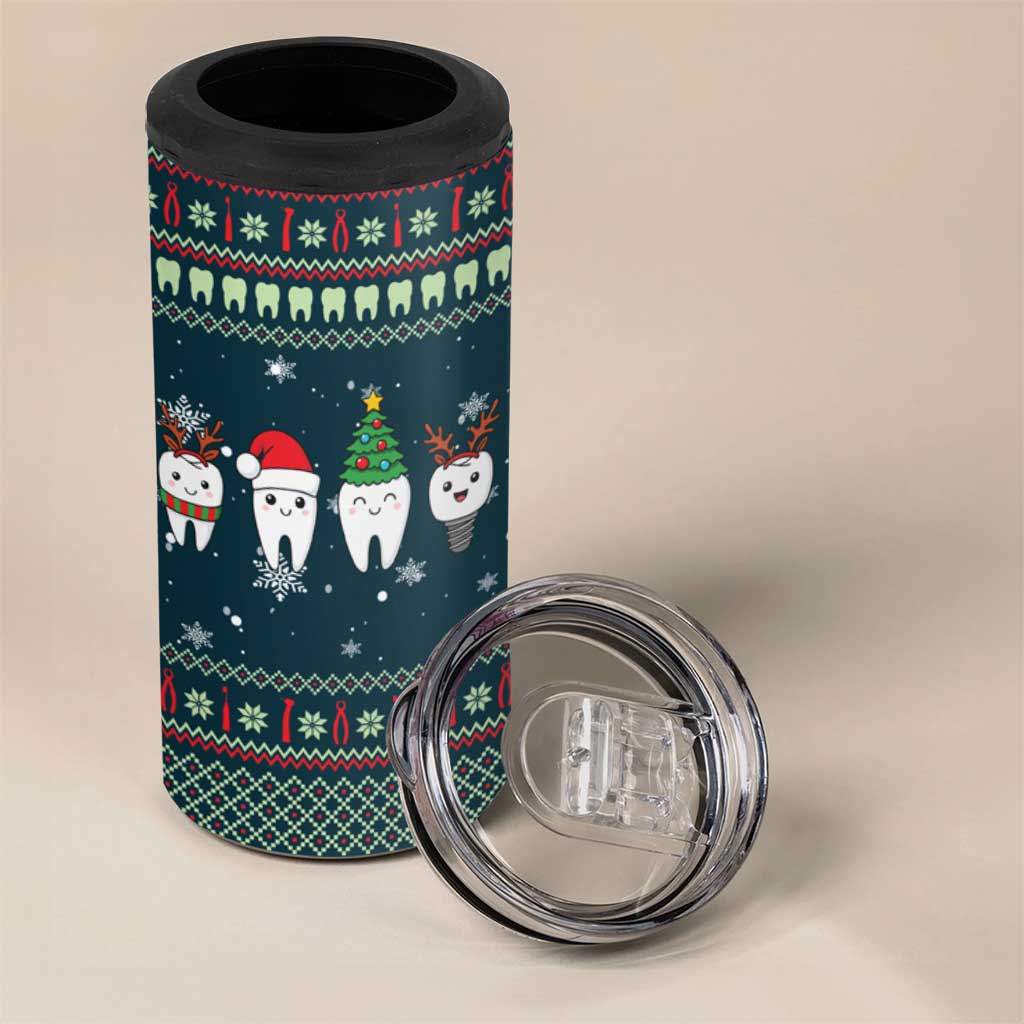 Funny Christmas Dental Squad Tooth Characters 4 in 1 Can Cooler Tumbler Snowflake Pattern Design - Wonder Print Shop