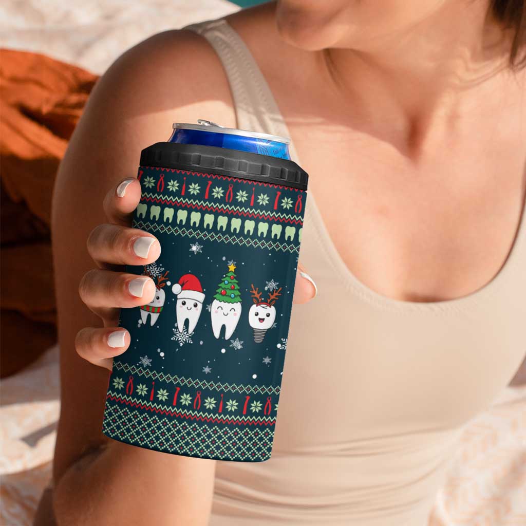 Funny Christmas Dental Squad Tooth Characters 4 in 1 Can Cooler Tumbler Snowflake Pattern Design - Wonder Print Shop