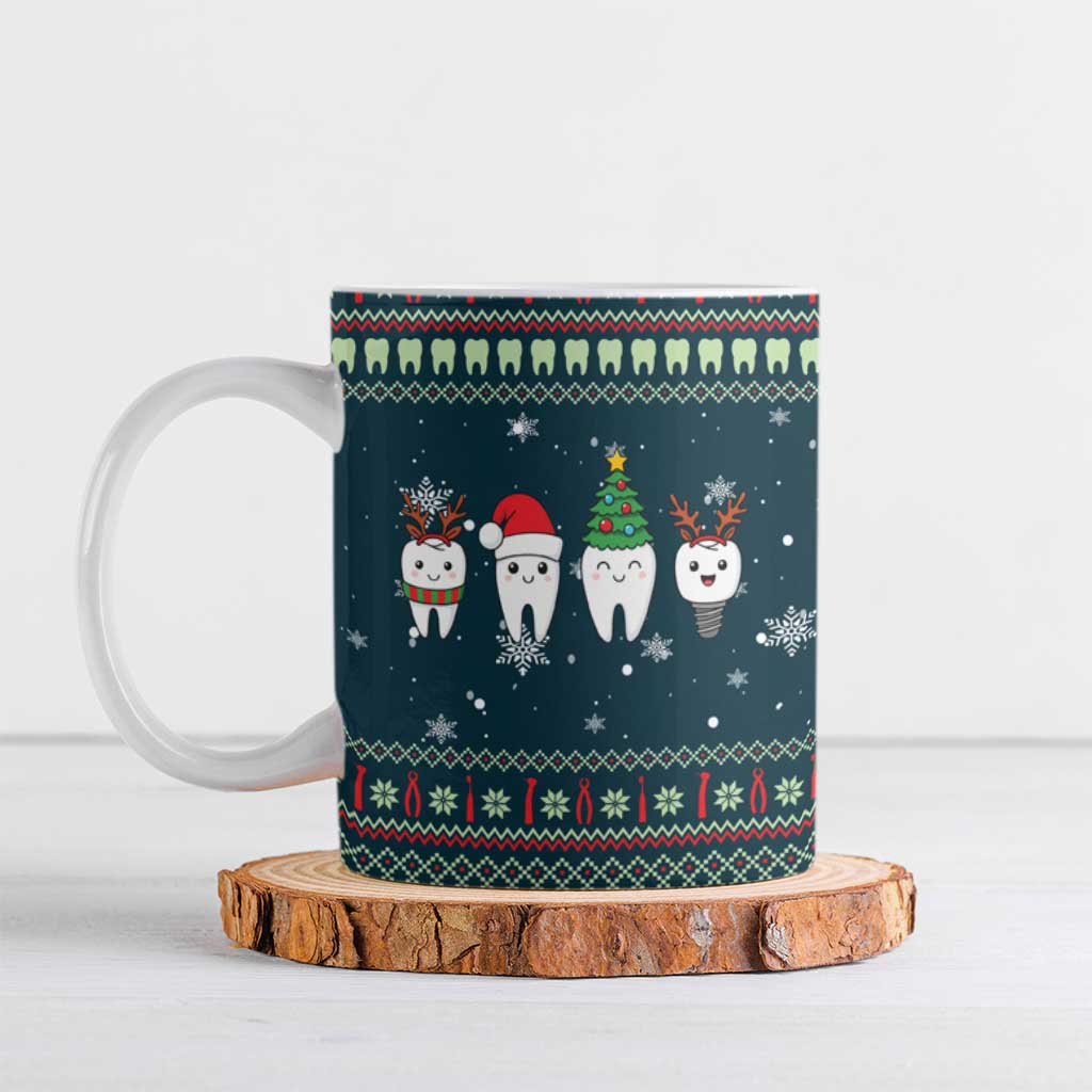 Funny Christmas Dental Squad Tooth Characters Ceramic Mug Snowflake Pattern Design - Wonder Print Shop