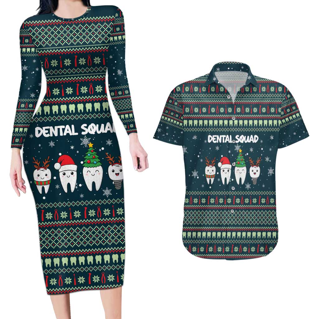 Funny Christmas Dental Squad Tooth Characters Couples Matching Long Sleeve Bodycon Dress and Hawaiian Shirt Snowflake Pattern Design - Wonder Print Shop