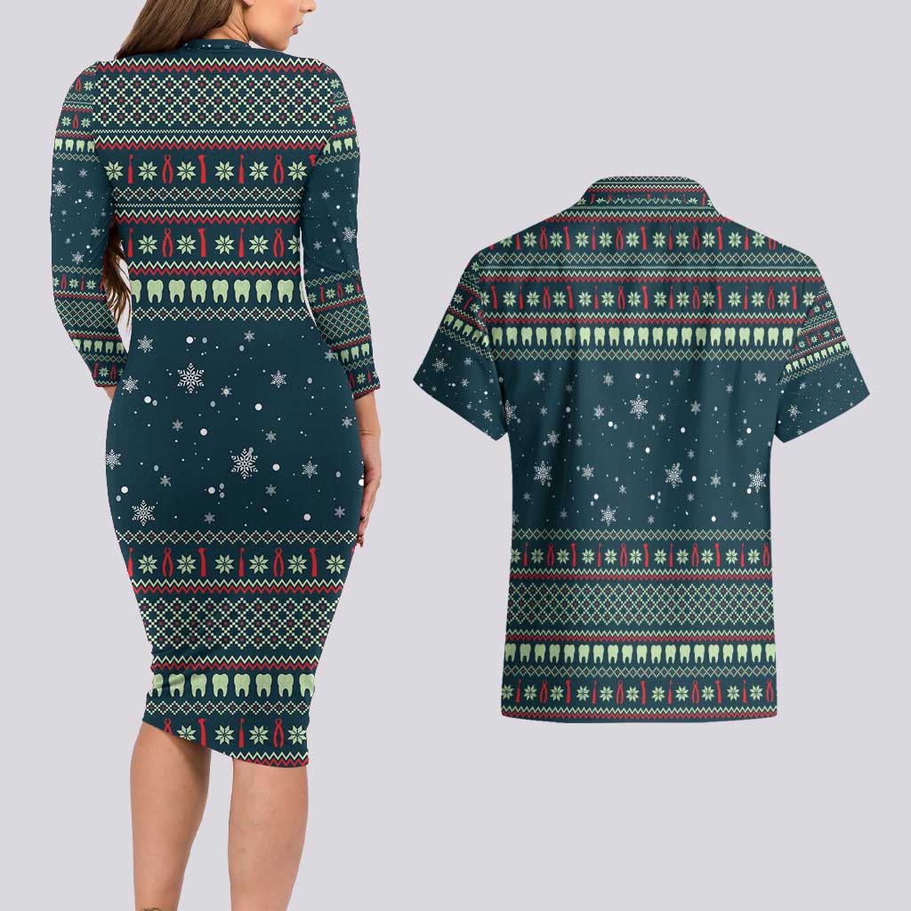 Funny Christmas Dental Squad Tooth Characters Couples Matching Long Sleeve Bodycon Dress and Hawaiian Shirt Snowflake Pattern Design - Wonder Print Shop