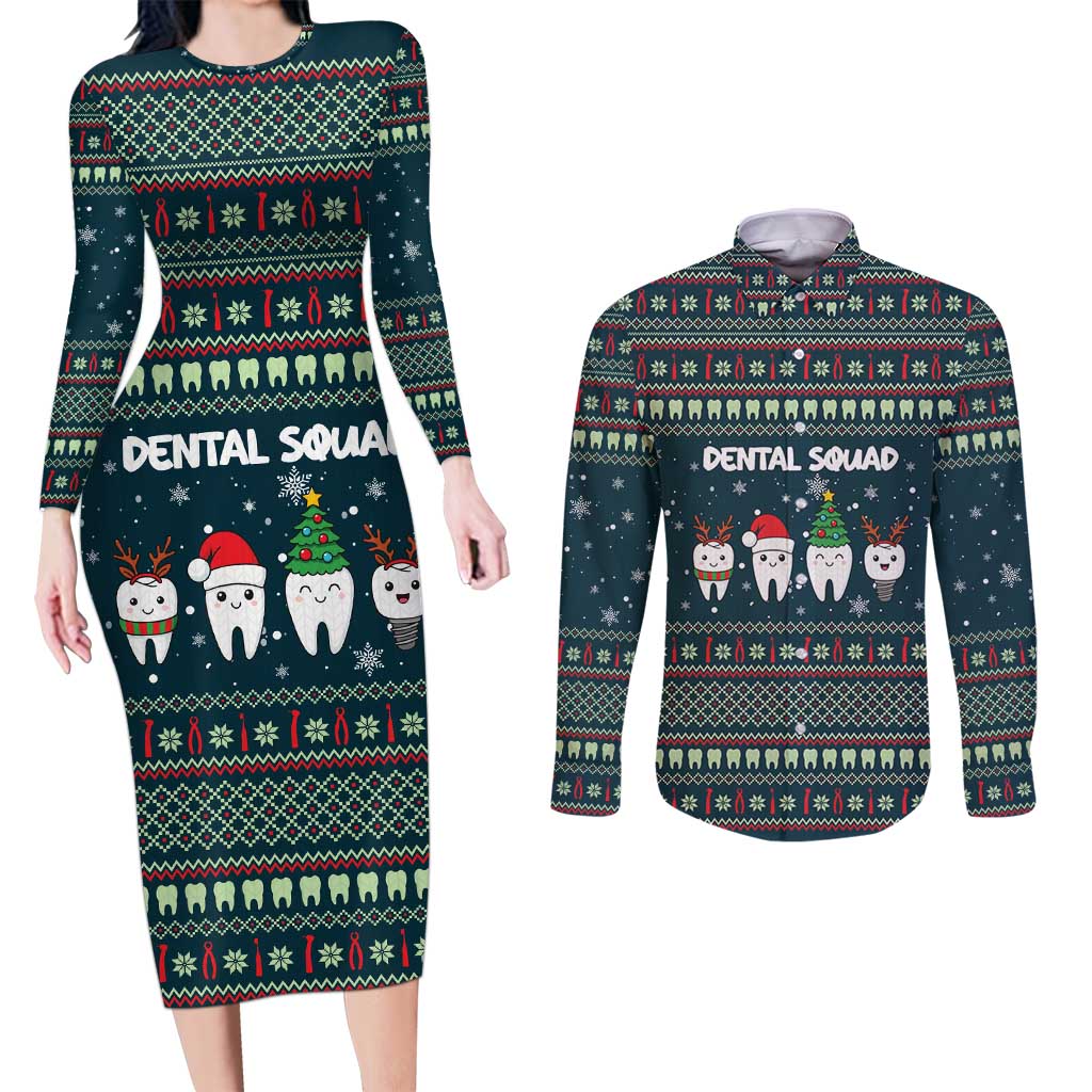 Funny Christmas Dental Squad Tooth Characters Couples Matching Long Sleeve Bodycon Dress and Long Sleeve Button Shirt Snowflake Pattern Design - Wonder Print Shop