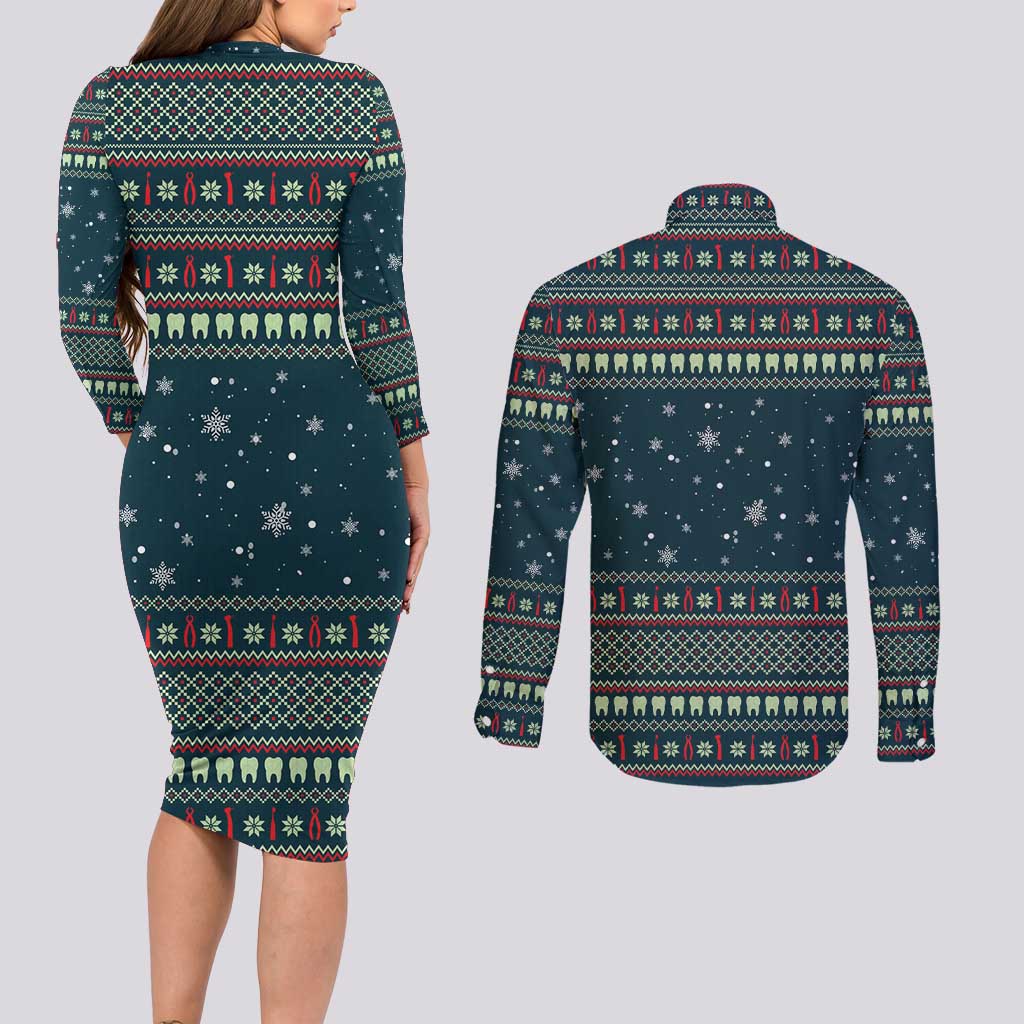 Funny Christmas Dental Squad Tooth Characters Couples Matching Long Sleeve Bodycon Dress and Long Sleeve Button Shirt Snowflake Pattern Design - Wonder Print Shop