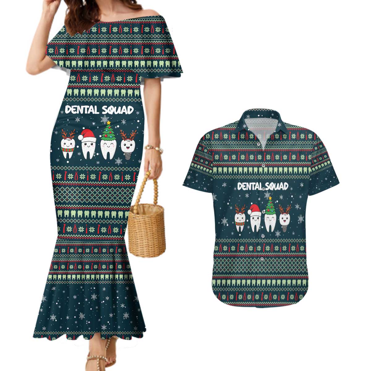 Funny Christmas Dental Squad Tooth Characters Couples Matching Mermaid Dress and Hawaiian Shirt Snowflake Pattern Design - Wonder Print Shop
